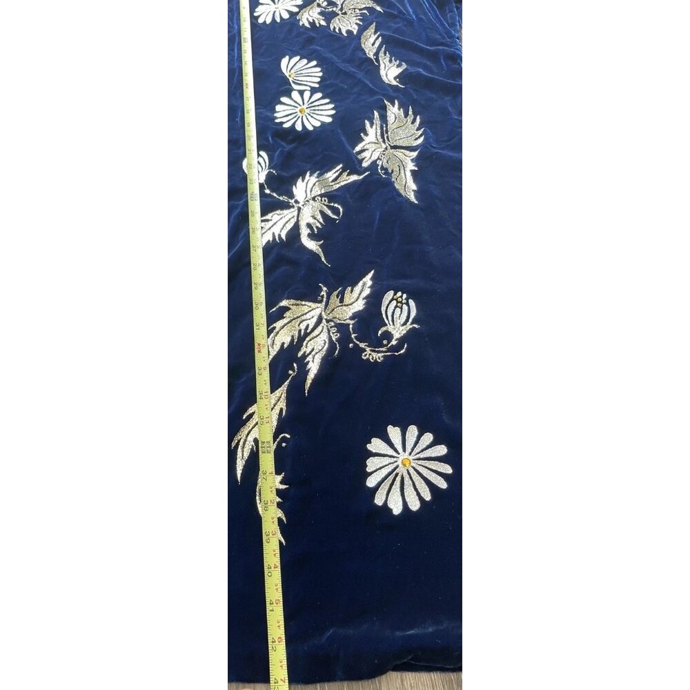 Vintage Cheongsam Long Dress Sz S Blue Velvet Asian Mandarin White Daisy Sparkle - Picture 4 of 13